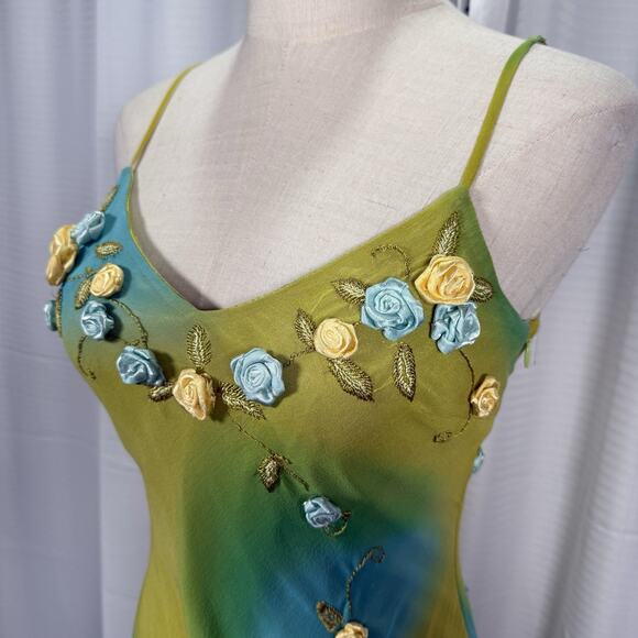 Vintage Sue Wong Size 4 Midi Dress Silk Gown Green Fairy Y2K Floral Whimsical - Picture 5 of 14